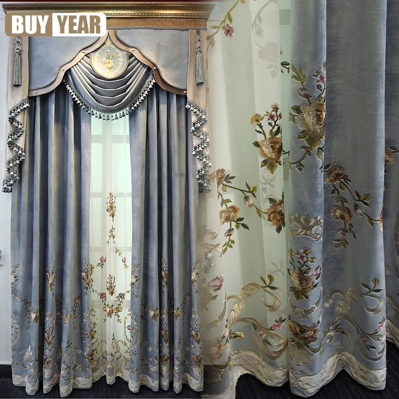 American luxury Velvet Embroidered Full Blackout Curtain European Pastoral Curtains for Living Dining room Bedroom Tulle Custom