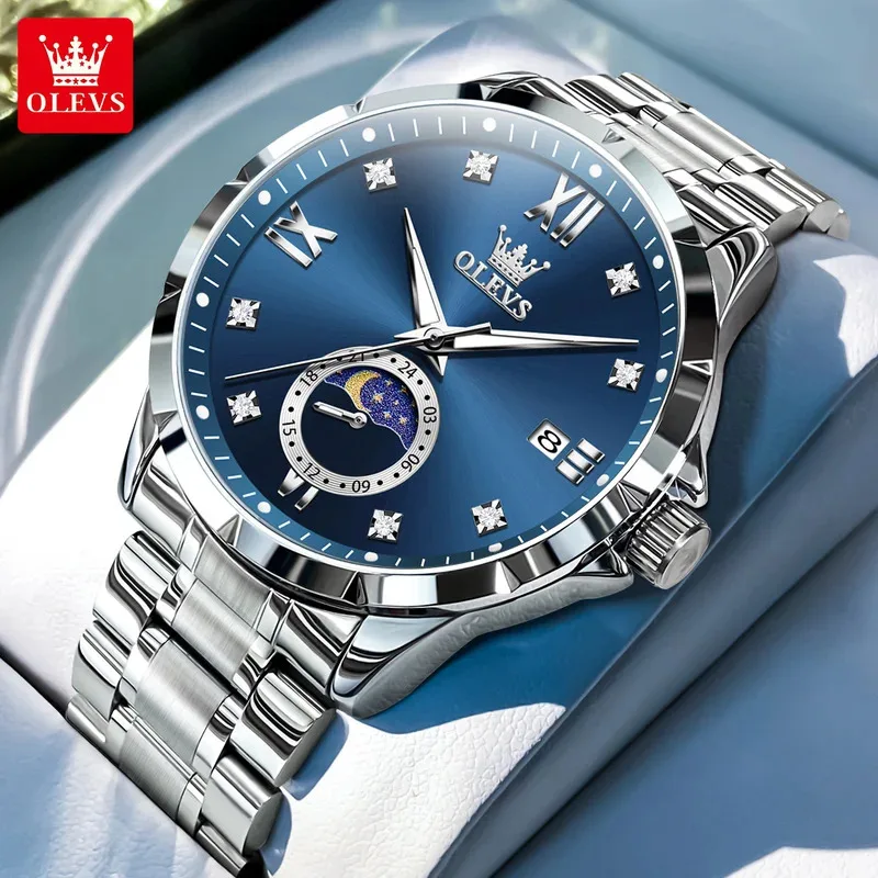 OLEVS 2956 Men's Quartz Watch Moon Phase Solid Stainless Steel Waterproof Wristwatch with Calendar 45mm Dial
