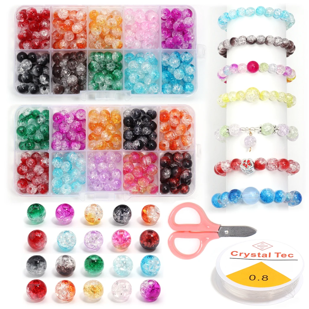 

8mm Round Acrylic Colorful Glass Crackle Beads Loose Spacer Beads Sets for Jewelry Making Diy Handmade Bracelets Accessories Kit