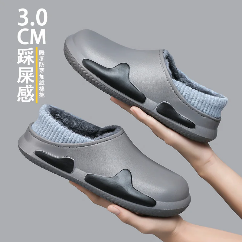 Winter Warm Women Men Waterproof Furry Slippers Men Shoes Non-Slip Plush Stepped Cotton Printed Indoor Outdoor Home Thick Heel