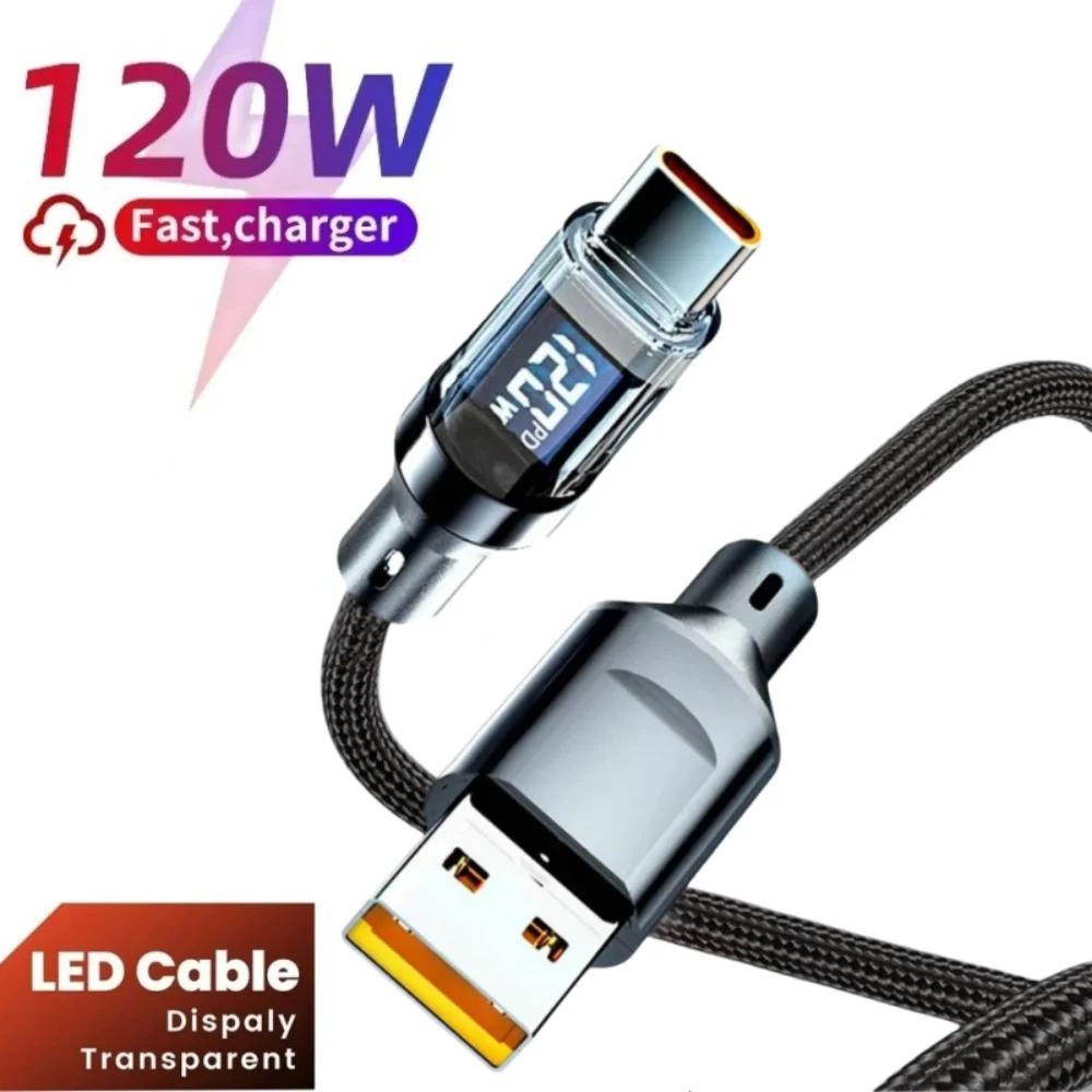 USB C auf Typ C 120 W 6 A Schnellladekabel USB auf PD Nylon geflochtenes Draht Datenkabel mit LED-Digitalanzeige QC3.0 USB-C-Kabel