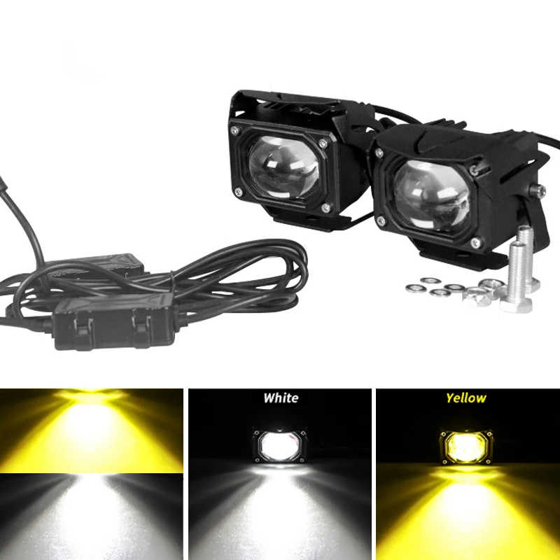 2pcs Motorcycle LED Spotlight Super Bright Dual Color Headlight Hi/Low Beam Fog Lamps Waterproof Car Mini Lens Driving Light