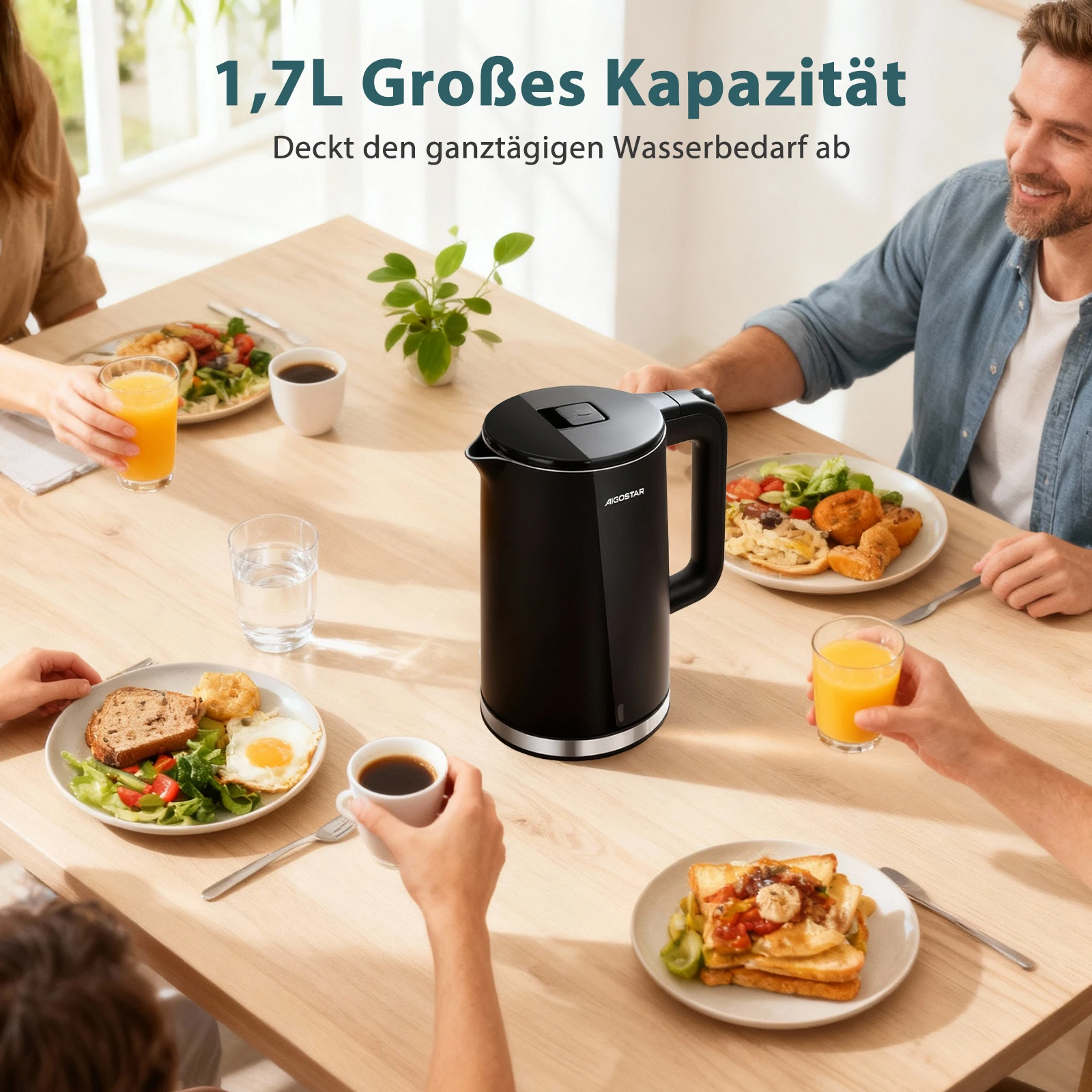 غلاية كهربائية من الفولاذ المقاوم للصدأ مزدوجة الجدار من Aigostar، سعة 1,7 لتر 2200 وات، داخلية من الفولاذ المقاوم للصدأ بنسبة 100%، مضادة للتحديد