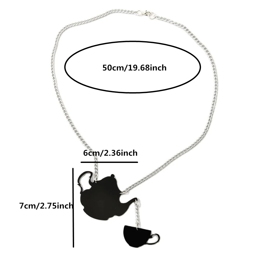 KUGUYS Fashion Acrylic Jewelry Women Black Teapot Pendant Necklace for Mens Silver Color Chain HipHop Rock Necklaces