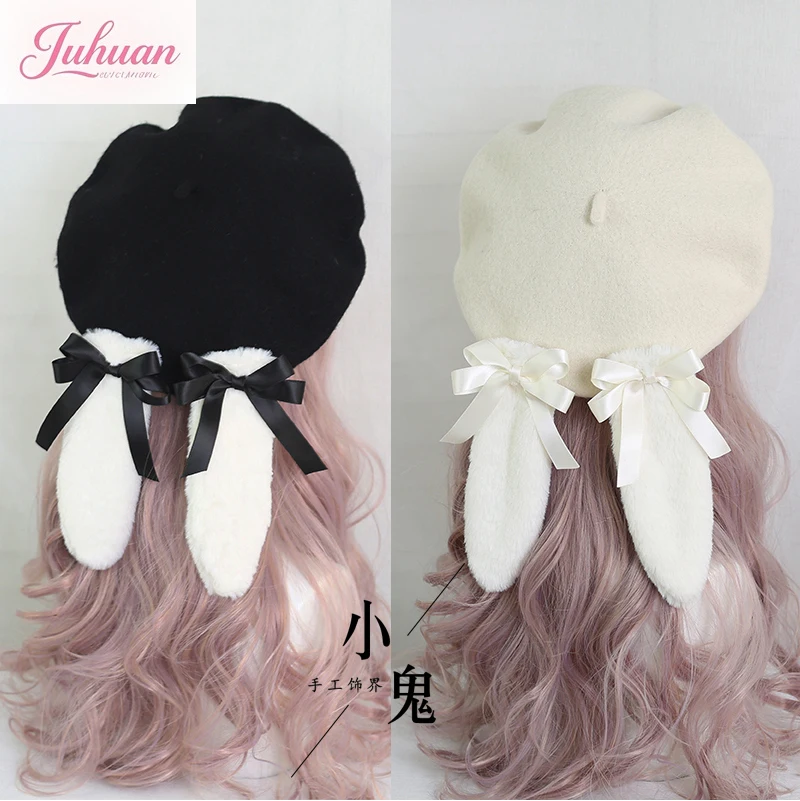 

Kawaii soft cute girl sweet lolita lop-eared rabbit Japanese fashion biscuits wool beret bud hat one hats wear more for women