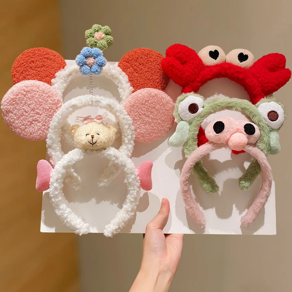 

Cute Plush Headbands for Women Cartoon Bear Crab Frog Hair Hoops Sweet Girl-Heart Hair Accessories for Washing Face