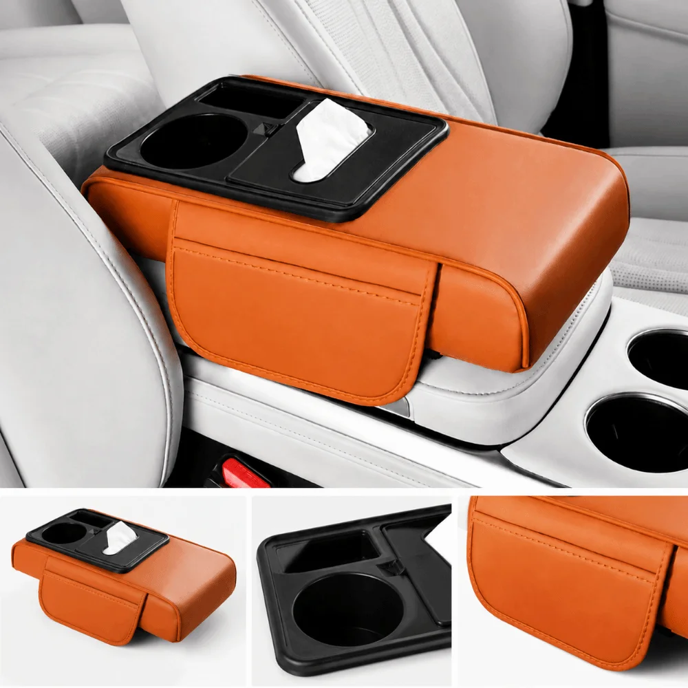 PU Leather Car Armrest Pad Height Increasing with Tissue Box Car Armrest Cushion Multifunctional with Cup Holder Armrest Pillow
