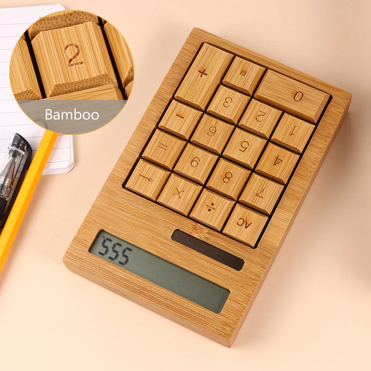 Retro 18-Key Solar Calculator Bamboo Material Portable Design for Office School Home 18-Key Electronic Calculator