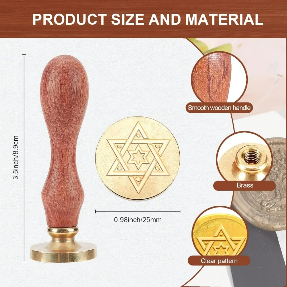 Star of David Wax Seal Stamp Moon Star Hexagonal Sealing Wax Stamps 6 Pointed Star 25mm Stamps Copper Seals Durable Removable