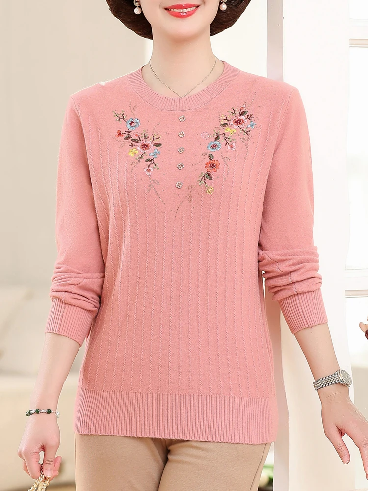 Embroidery Floral Sweater Women Spring Autumn Long Sleeve Pullover Femme Women Clothing Causal Soft Mother's Sweaters