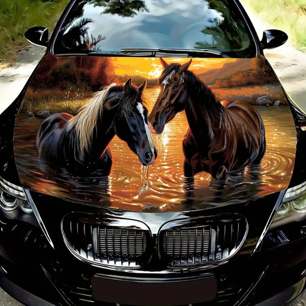 

Two Horses Frolicking in The Water, Car Hood Sticker, PVC Waterproof Self-adhesive Scratch-resistant Body Film, Special for Truc