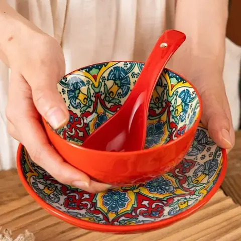 सिरेमिक टेबलवेयर सेट तीन-टुकड़ा घरेलू चावल का कटोरा प्लेट चम्मच सेट रेस्तरां हॉट पॉट बारबेक्यू शॉप वाणिज्यिक 8 best sales डिनरवेयर सेट - №3