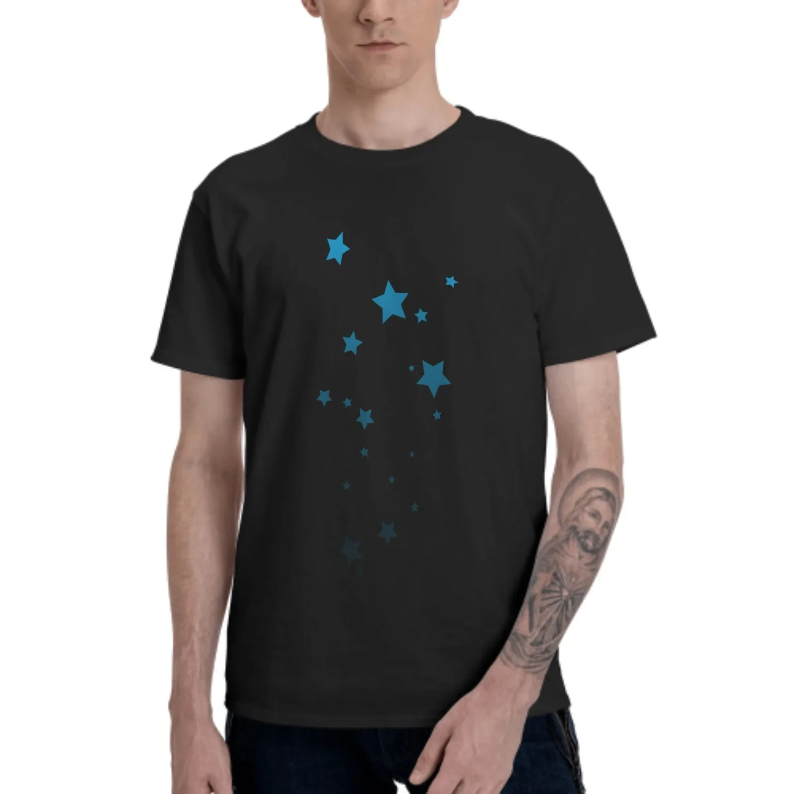 Blue Gradient Star Men's Clothing T Shirt Summer Fashionable Trendy Round Neck Tees Sport Leisure daily Man short sleeve T-shirt