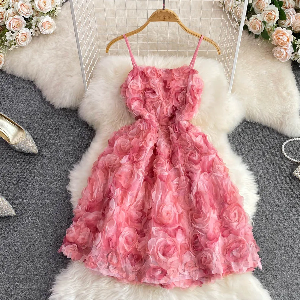 

Women Three-dimensional Rose Floal Party Dress Sexy Strapless Tie Bow Spaghetti Strap Dress Ladies Short Mini Lace Mesh Vestidos