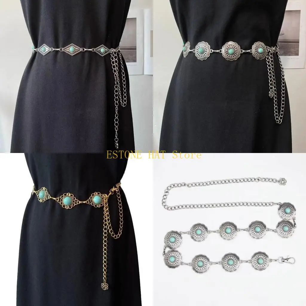 49MF Delicate Woman Prom Dress Belt Relief Turquoise Buckle Waist Belt for Girls