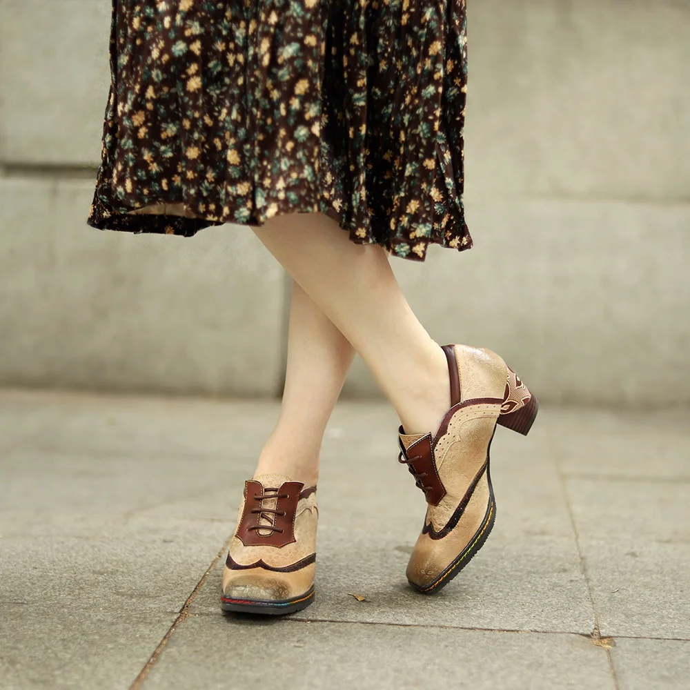 

New hit color Brock casual women's thick-heeled high-heeled shoes spot leather old retro style women's boots