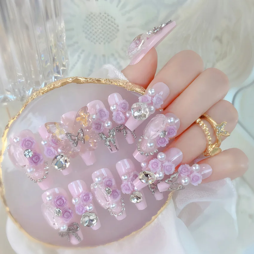 24pcs Handmade Press on Nails Heavy Metal Large Crystal Purple Flowers Decor Fake nails Full Cover Glitter Butterfly False Nails