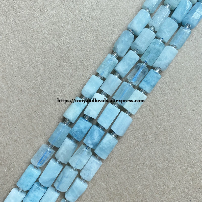 7'' Natural Faceted Brazil Aquamarine Cylinder Spacer Stone Beads 6.5X10mm For Jewelry Making DIY