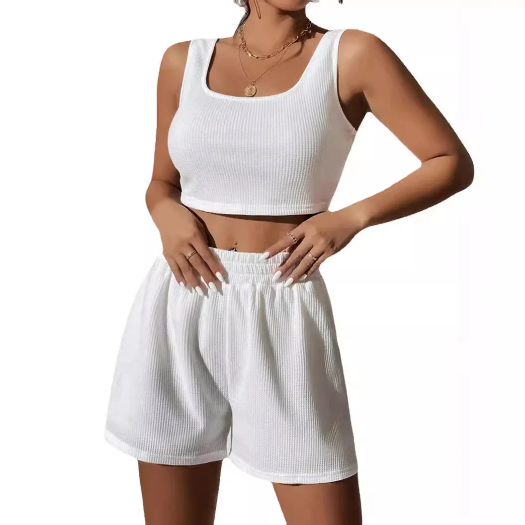 

New Knitted Summer Sports Style Popular Sexy Sweet Women Sleeveless Casual Suit Loose Fashionable Women Comfortable Shorts Suit
