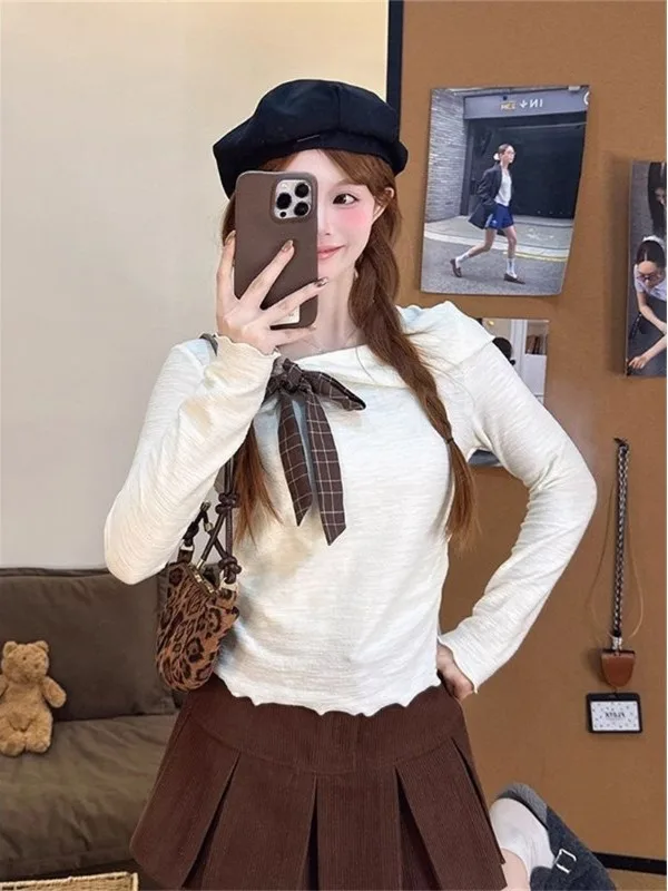 

Korean Sle Long Sve ort Top Women's Autumn Side Collar Sweet And Spicy Knot Small Size Slimming ort Length...