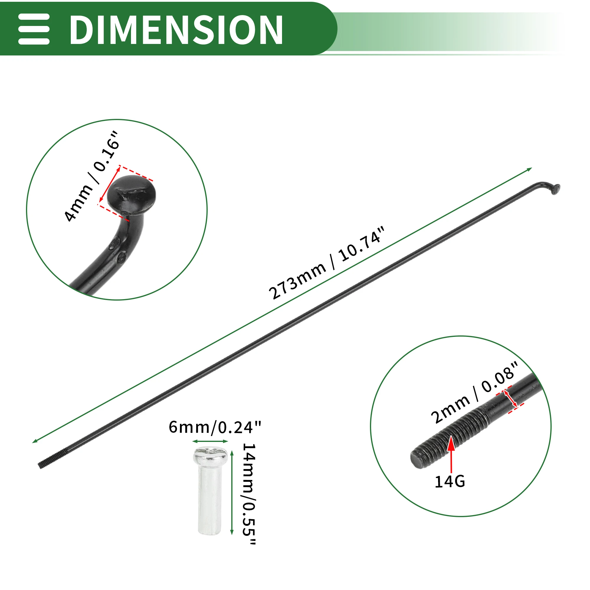 X Autohaux Universal-Fahrradspeichen, Fahrradradspeichen, 14 G, 273 mm, 277 mm, 283 mm, 287 mm, 291 mm, 295 mm, 299 mm Länge, Kohlenstoffstahl, Schwarz – Detail 3