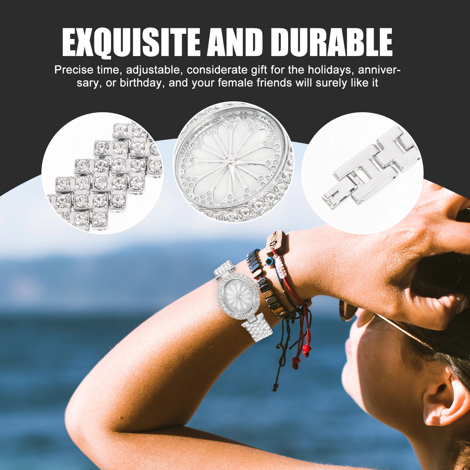 

Women Watch Quartz Shiny Wrist Watches Delicate Fashion Silver Casual Girl Elegant Rhinestone Embellished Adjustable Gift