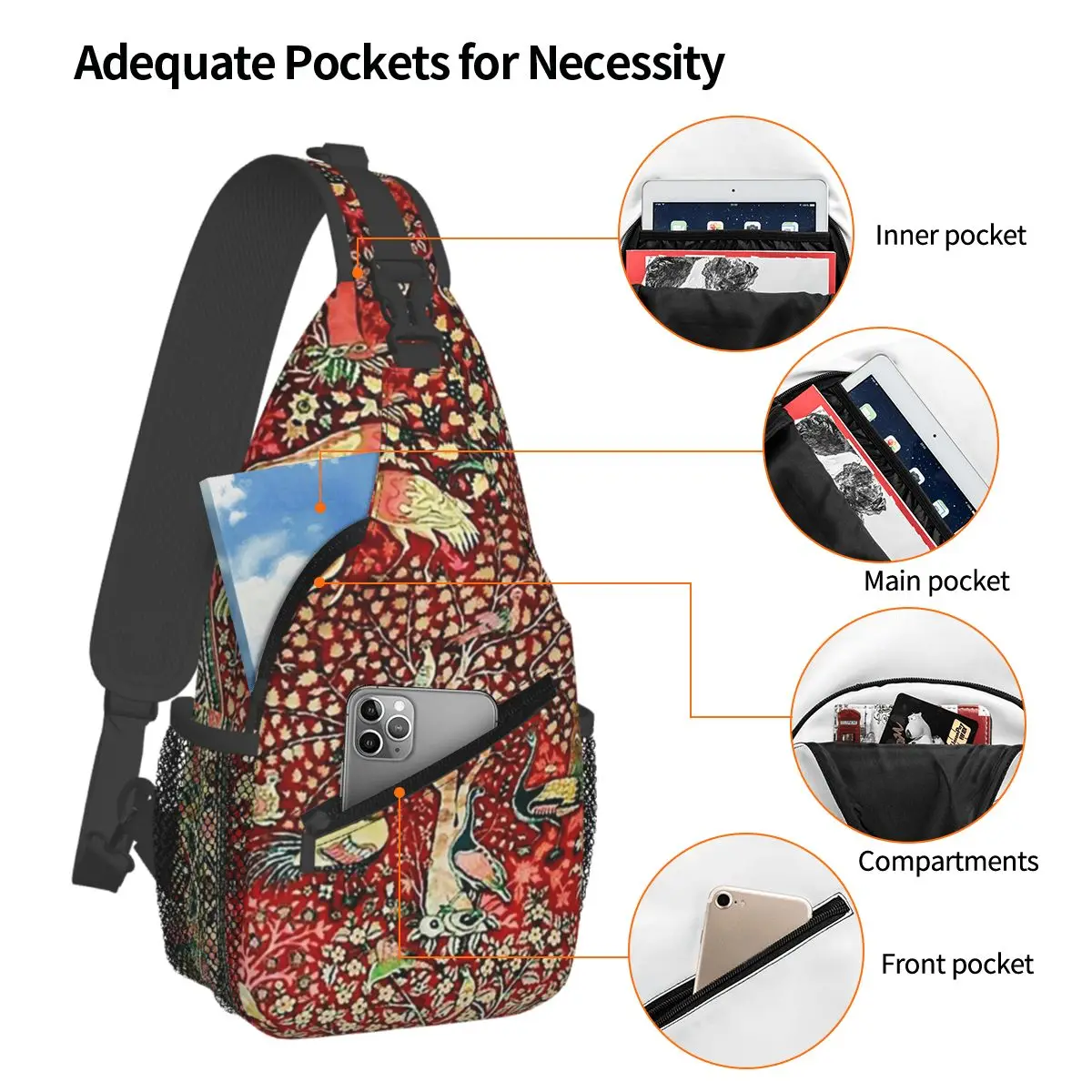 Antique Persian Rug Bird Tree Flowers Ca Chest Bag Men Sling Crossbody Backpack Chest Bag Traveling Hiking Daypack Shoulder Bag