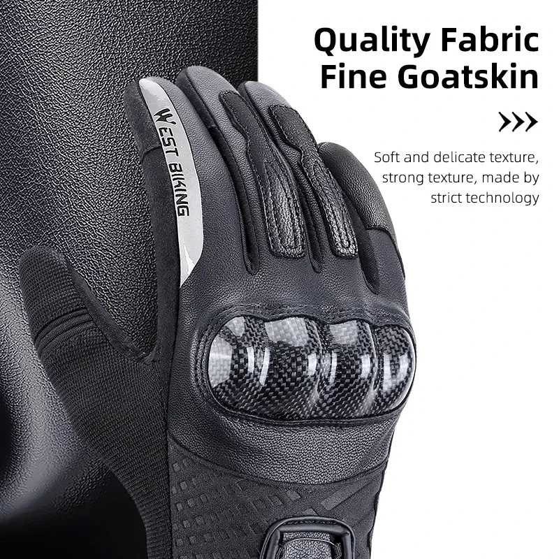 WEST BIKING Leather Motorcycle Gloves Carbon Fiber 3D Protection Motocross MTB Cycling Gloves Touch Screen Wrist Knob Tightening