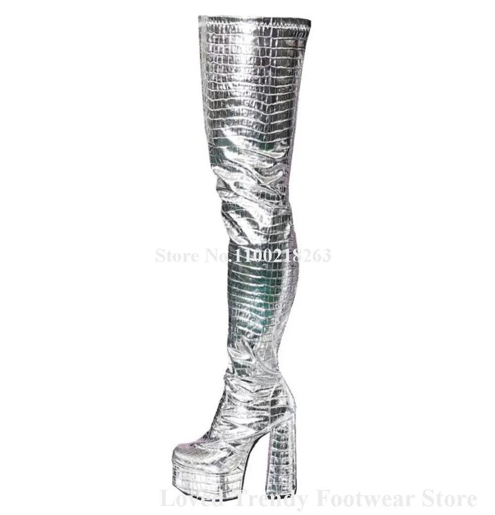 Emeline Dubois Charming Silver Snake Pattern Leather Over Knee Chunky Heel Boots Round Toe High Platform Thick Heel Long Boots