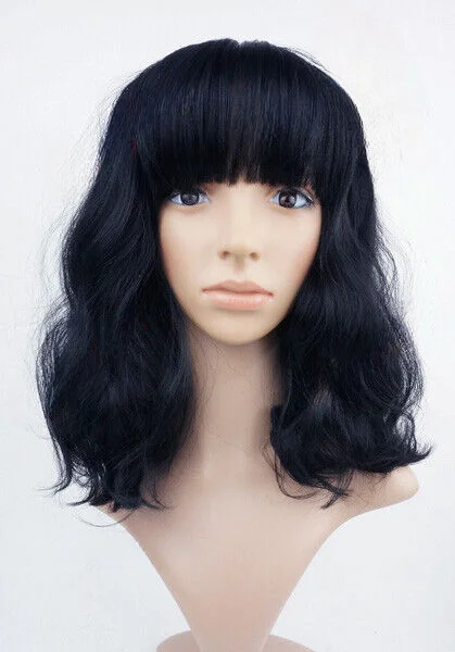 Jet Black Mid Length Wavy Straight Fringe Sythetic Wig