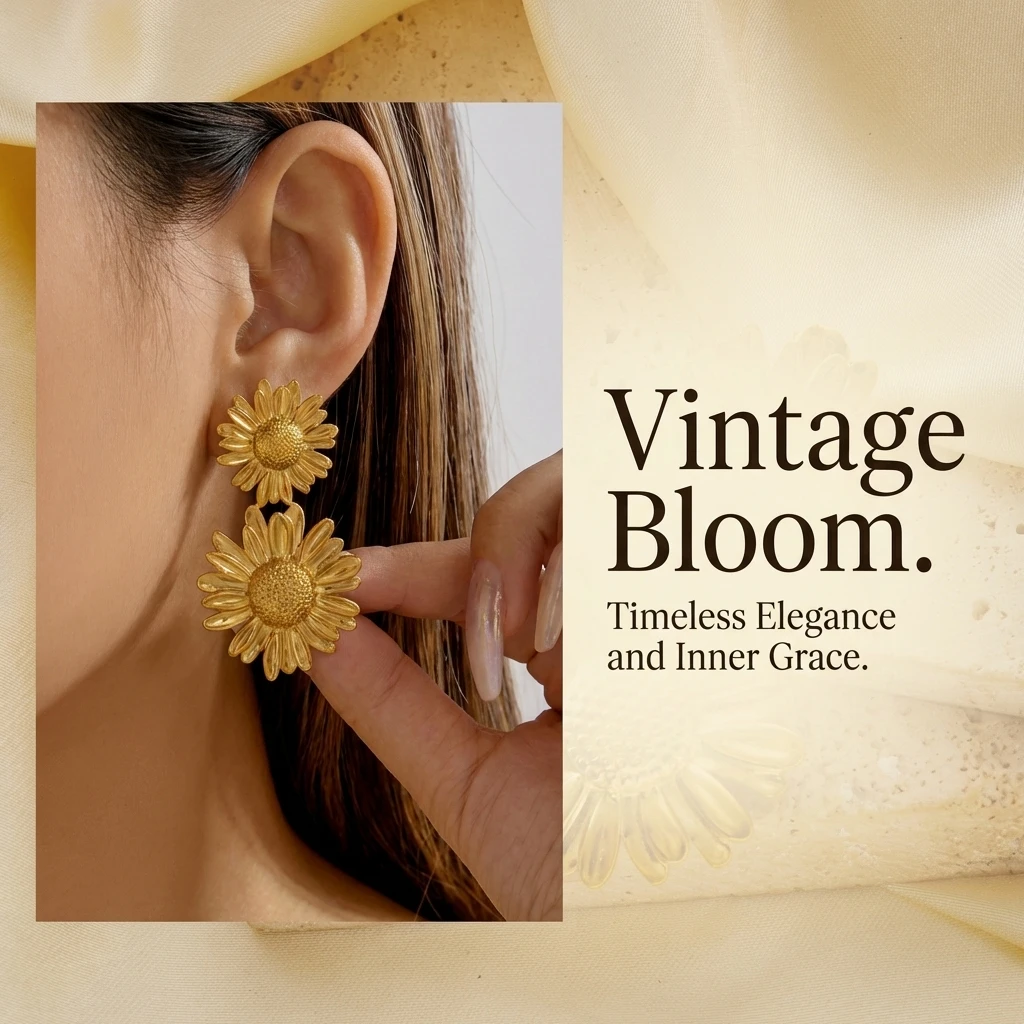 Vintage Sunflower Drop Earrings for Women Stainless Steel Textured Botanical Floral Dangle Vintage Artisanal Statement Jewelry