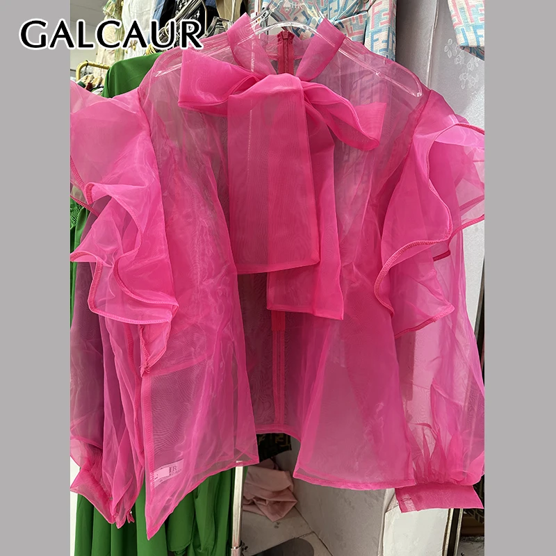 

GALCAUR Patchwork Zipper Sheer Mesh Blouse for Women Scarf Collar Long Sleeve Summer Elegant Office Style Shirts Female Clothes
