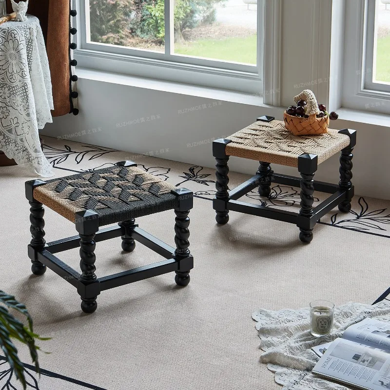 Mid-Century Entryway Bench Minimalist Woven Square Stool Living Room Ottoman Accent Seat Hallway Shoes Stool for Home Decor