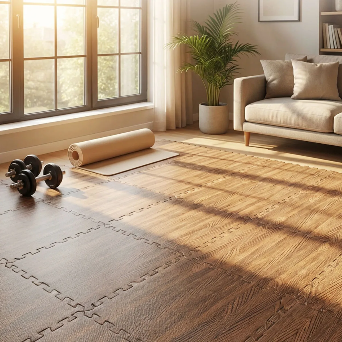 Wood Grain Interlocking EVA Foam Floor Tiles, 24 Pack 30x30cm Waterproof Puzzle Exercise Mat, 1cm Thick Noise Reduction Non Slip Foam Flooring for Living Room Bedroom Gym Kids Playroom view 4