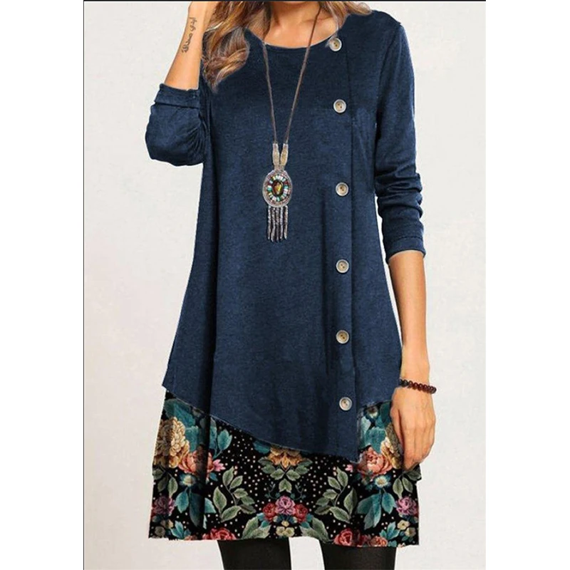 

Autumn Winter Women's Round Neck Long Sleeve Splice Dress Button Elegant Dresses For Women Clothing