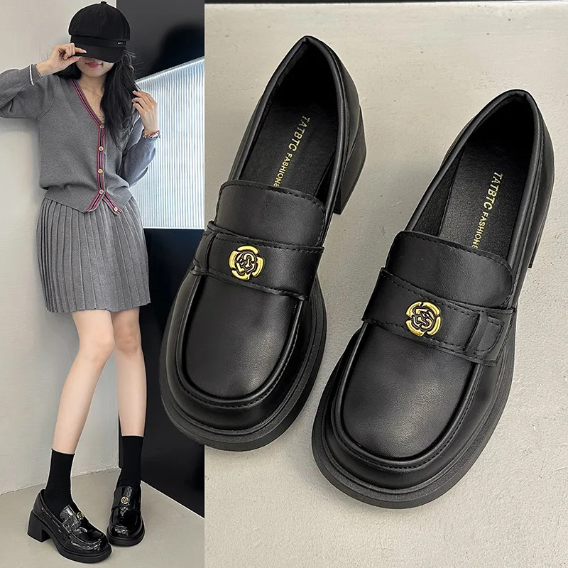 

Women's Leather Chunky Heel Party Shoes Round Toe Slip-on Loafers High Quality Comfortable Womens British Style Single Shoes