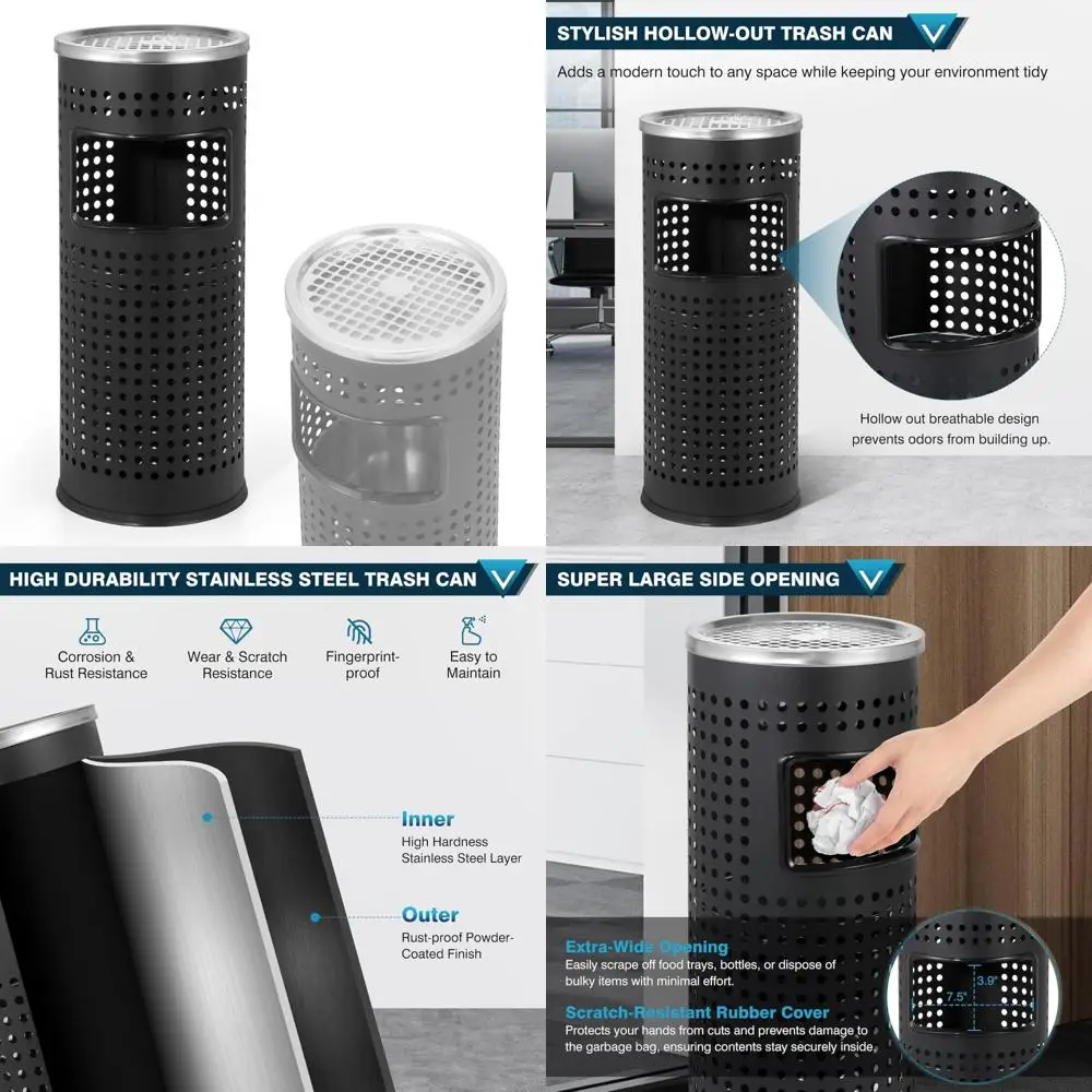 

Stainless Steel Commercial Waste Receptacle, Indoor Outdoor Metal Trash Can with Lid, Hollow-Out Design for Business Use