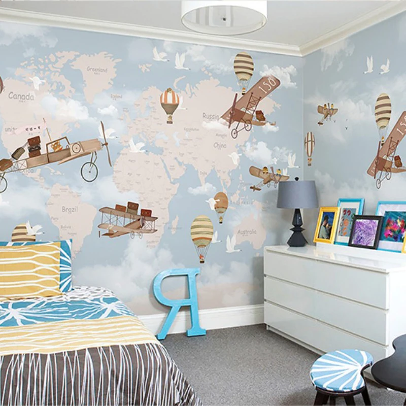 Custom 3D Kids Room Photo Mural Cartoon Girls Bedroom Pink World Airplane Hot Air Balloon Wallpaper Home Wall Decor Supplies