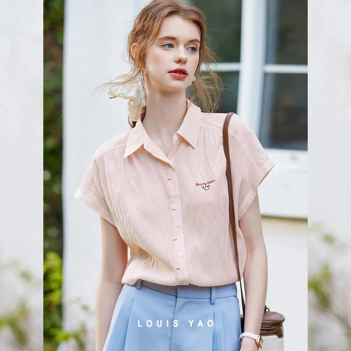 

LOUIS YAO Women's Blouses 2026 Summer Women Flap Collar Loose Short Sleeve Casual Blouse Top Embroidered Contrast Color Shirt