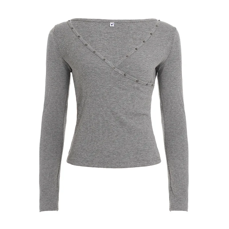 

Autumn Hot Sale Of The Season Long Sleeve T-shirt Women's Solid Color Rivet V-neck Top Fashionable Casual Wear Sweatsh