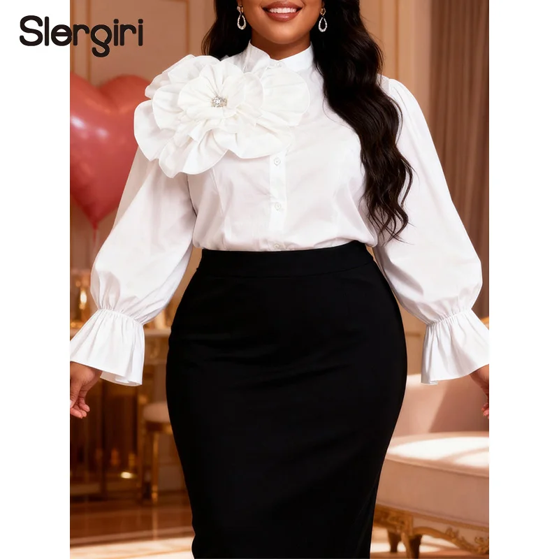 

Женские рубашки Slergiri больших размеров с объемными цветами и стразами, белые, с длинным рукавом, для вечеринок, элегантные офисные топы на весну