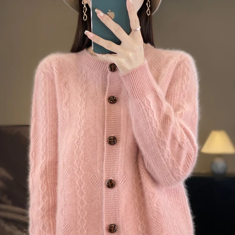 

100% Merino Wool O-Neck Twisted Cardigan Coat Soft Cashmere Casual Solid Color Long Sleeves Slimming Temperament Clothing Top