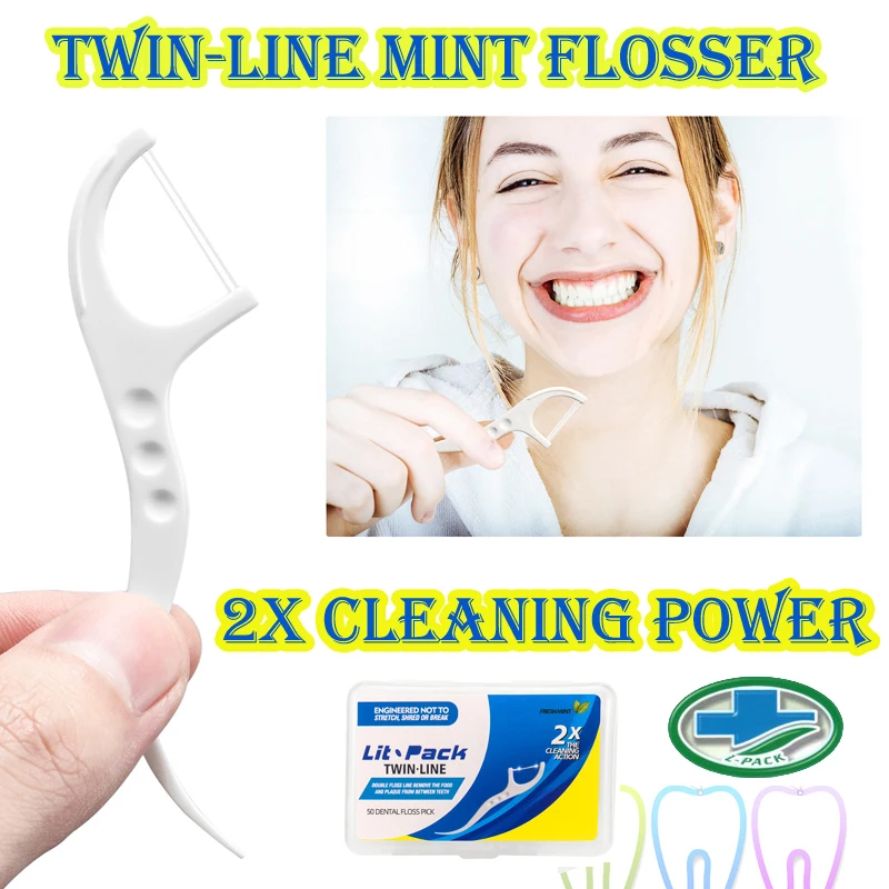 

Lit-Pack (manufacturer) Double Floss Mint Flavour Flosser 2X Cleaning Power Smooth Tough Floss Dental Oral Care 200pcs/4cases