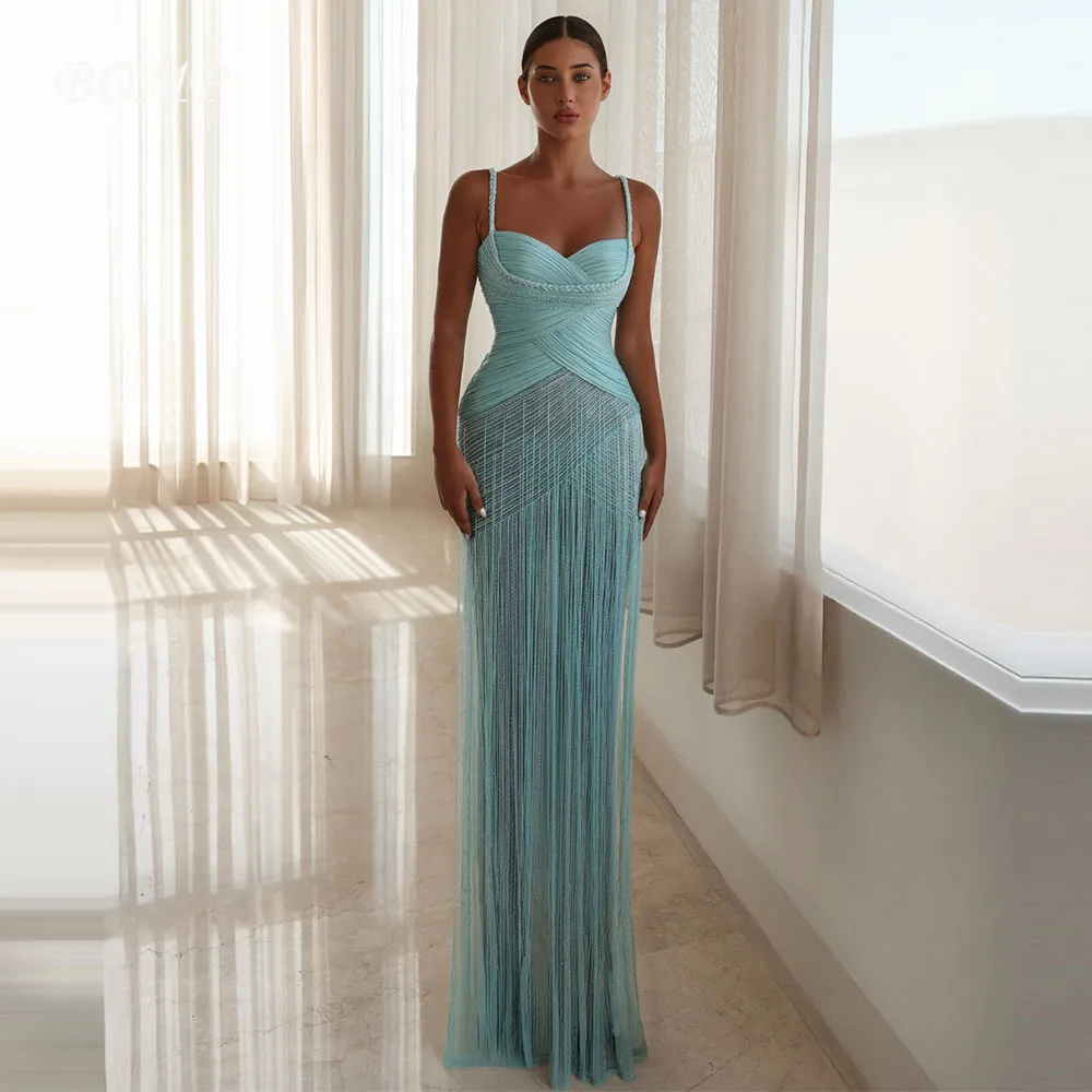 BOMP Elegant Sky Blue Prom Dresses A Line Vestidos Short Spaghetti Strap Formal Gowns فساتين سهراتFringe Customized