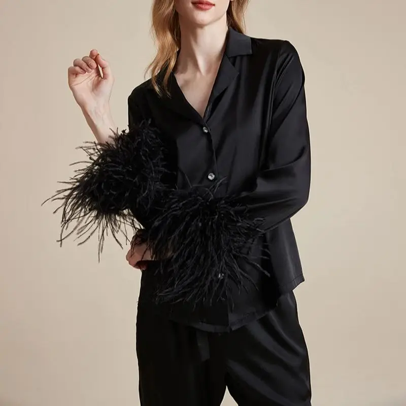 Women Big Feather Pajamas Sets Spring Summer Lady Natural Ostrich Feather Cuffs Suit