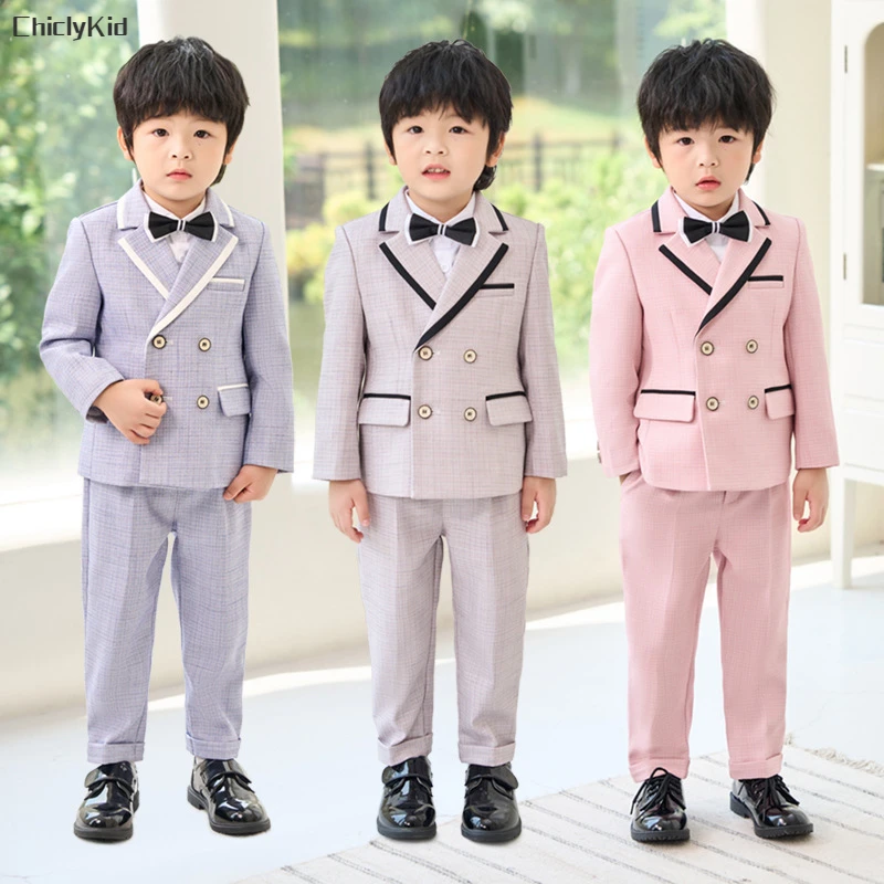 

Boys Double Breasted Blazer Jacket Vest Pants Suits Kids Tuxedos Formal Dress Child Wedding Clothes Set Toddler British Outfits