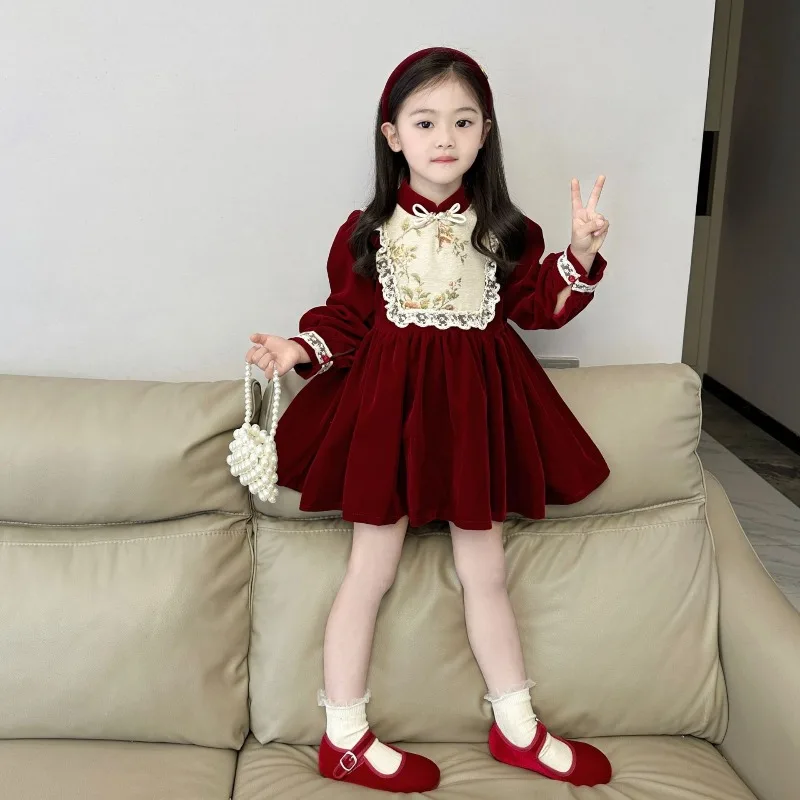 

2025 Winter Fleece-Lined Red Chinese-Style Dress - Baby Girl Birthday/ New Year Gown, Embroidered, Warm & Festive Outfit