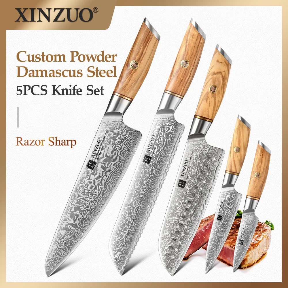 

XINZUO 5PCS Knife Set Fine Damascus Steel Patterned Blade Meat And Vegetable Cutting Knives Higher Quality Olive Wood Handle