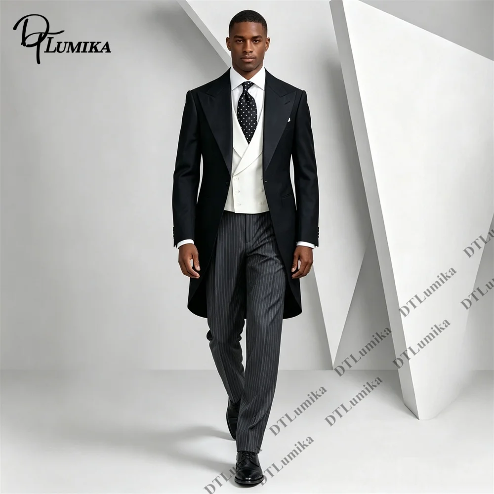 Black Tailcoat 3 Piece Men Suit White Double Breasted Vest Pinstripe Pants Formal Outfit Wedding Opera Royal Banquet Dtlumika