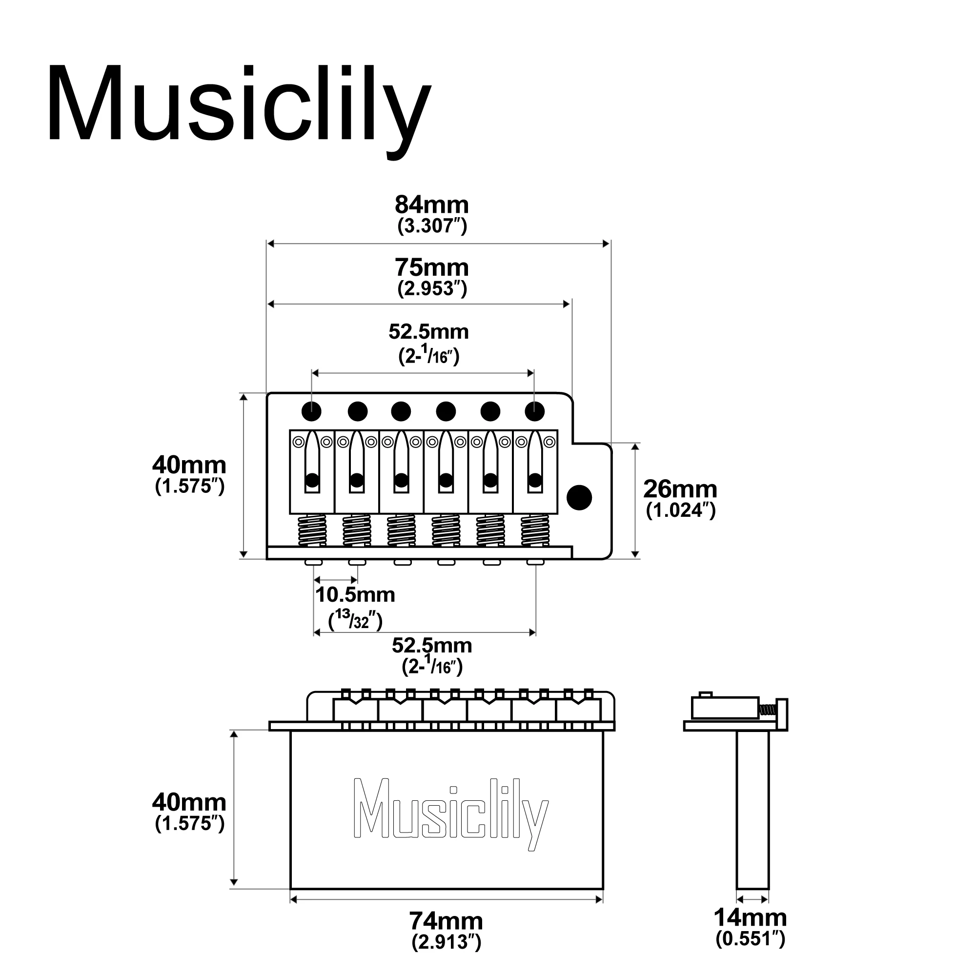 Musiclily Pro BV016 52.5mm 6-Screw Modern Saddles Tremolo Bridge with 40mm Solid Brass Block for Squier ST Style Electric Guitar